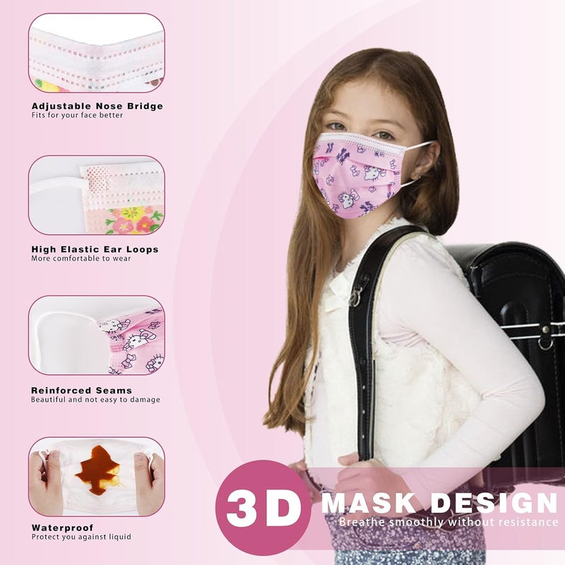 IGINOA Kids Face Mask 3 Ply Layer Safty Breathable Fabric for Girls and Boys (50 Pack) - Image 4